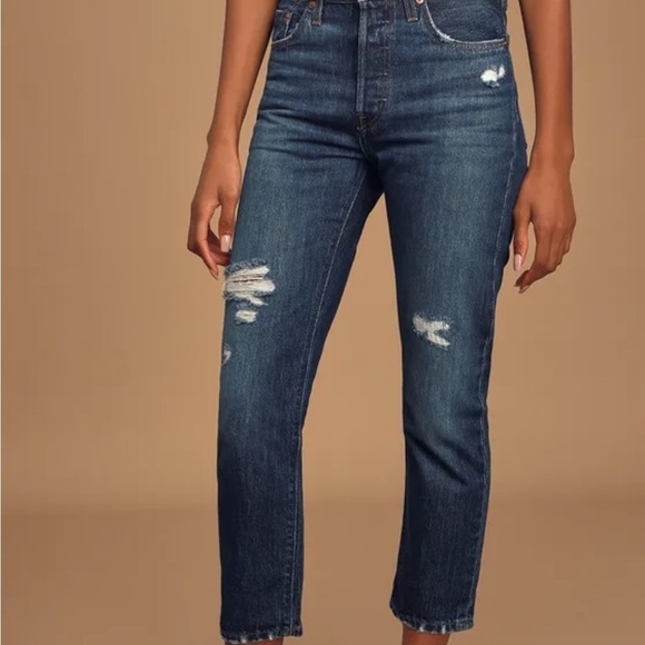 Levi’s 501 Dark Wash Distressed High Rise Straight Leg Cropped Jeans SZ 27 - Picture 2 of 12